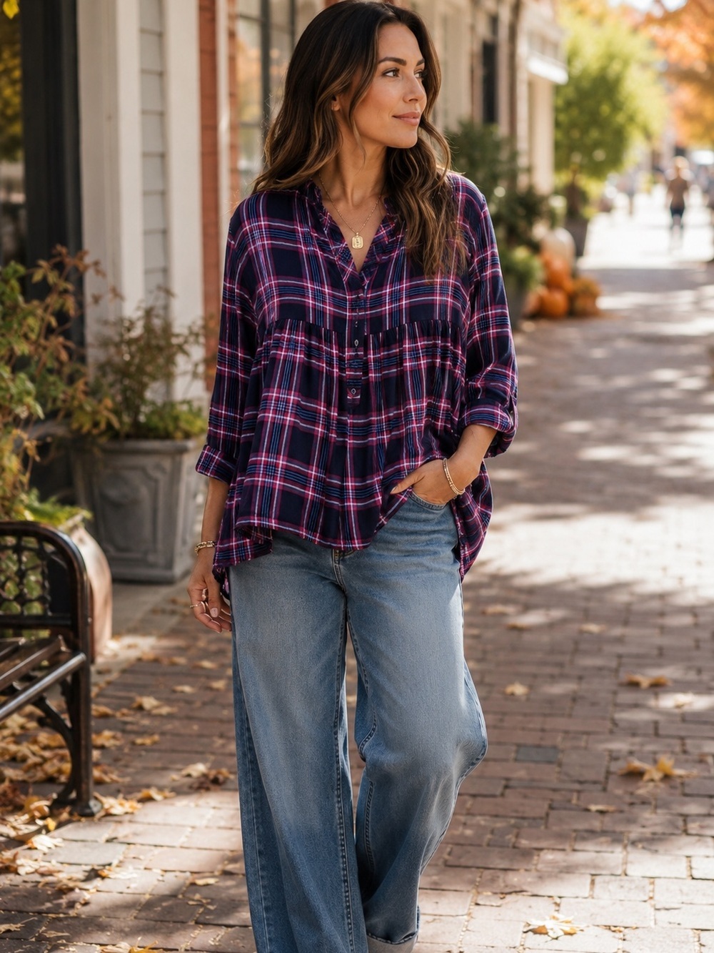 Gap Plaid Button-Front Tunic Top in Navy and Pink Peasant Blouse XL Boho Fall